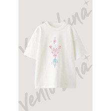 Tebesir Kelebek Tasarım Baskılı Unisex Oversize Kalıp Beyaz Tshirt