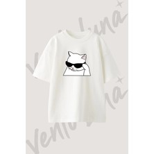 Beyaz Gozluklu Kedi Tasarım Baskılı Unisex Oversize Kalıp Beyaz Tshirt