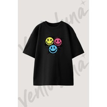 Graffiti Smiley_1 Tasarım Baskılı Unisex Oversize Kalıp Siyah Tshirt