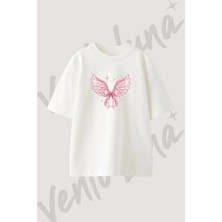 Pembe Kanat Fiyonk Tasarım Baskılı Unisex Oversize Kalıp Beyaz Tshirt