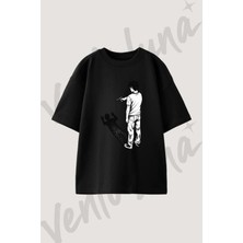 Silah Golge Korku Tasarım Baskılı Unisex Oversize Kalıp Siyah Tshirt