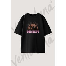 Desert Cactus Tasarım Baskılı Unisex Oversize Kalıp Siyah Tshirt
