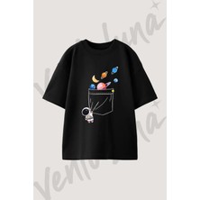 Astronaut Planets Tasarım Baskılı Unisex Oversize Kalıp Siyah Tshirt