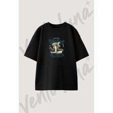 Surf Beach Tasarım Baskılı Unisex Oversize Kalıp Siyah Tshirt