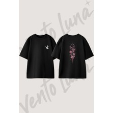 Kitsune Torii Lily Tasarım Sırt Baskılı Pamuk Siyah Oversize T-Shirt