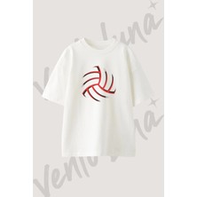 Voleybol Tasarım Baskılı Unisex Oversize Kalıp Beyaz Tshirt