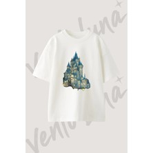 Fantastik Kale Tasarım Baskılı Unisex Oversize Kalıp Beyaz Tshirt