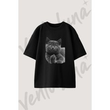 Flipping Kitten Tasarım Baskılı Unisex Oversize Kalıp Siyah Tshirt