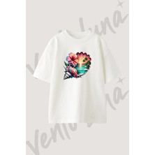 Flamingo Hibiscus Seashell Tasarım Baskılı Unisex Oversize Kalıp Beyaz Tshirt