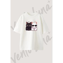 Gozluklu Kedi Tasarım Baskılı Unisex Oversize Kalıp Beyaz Tshirt