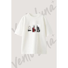 London Tasarım Baskılı Unisex Oversize Kalıp Beyaz Tshirt