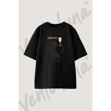 Kedi Sarap_2 Tasarım Baskılı Unisex Oversize Kalıp Siyah Tshirt