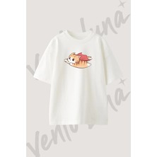 Super Kedi_1 Tasarım Baskılı Unisex Oversize Kalıp Beyaz Tshirt