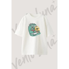 Flamingo Surfing Tasarım Baskılı Unisex Oversize Kalıp Beyaz Tshirt