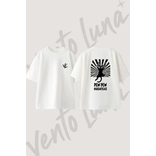 Pew Pew Kedi Tasarım Sırt Baskılı Pamuk Beyaz Oversize T-Shirt
