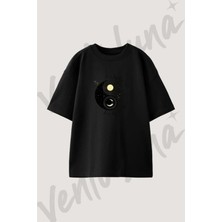 Sun Moon Yinyang Tasarım Baskılı Unisex Oversize Kalıp Siyah Tshirt