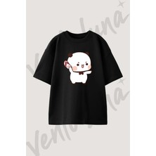 Panda Q Terlik Tasarım Baskılı Unisex Oversize Kalıp Siyah Tshirt