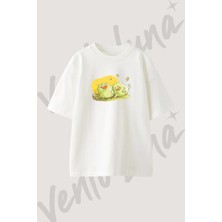 Cartoon Monsters Tasarım Baskılı Unisex Oversize Kalıp Beyaz Tshirt