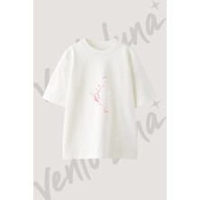 Dikenli Fraktal Tasarım Baskılı Unisex Oversize Kalıp Beyaz Tshirt