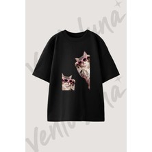 Yavru Kedi Gozluk Tasarım Baskılı Unisex Oversize Kalıp Siyah Tshirt