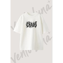 Chaos Metal Tasarım Baskılı Unisex Oversize Kalıp Beyaz Tshirt