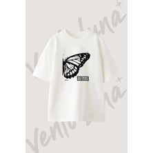 Butterfly Wing Tasarım Baskılı Unisex Oversize Kalıp Beyaz Tshirt