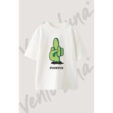 Cactus Middle Finger Tasarım Baskılı Unisex Oversize Kalıp Beyaz Tshirt