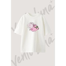 Ucan Domuz Tasarım Baskılı Unisex Oversize Kalıp Beyaz Tshirt