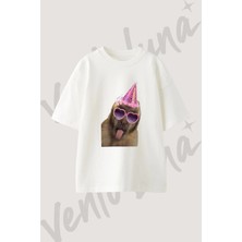 Kopek Parti Gozluk Tasarım Baskılı Unisex Oversize Kalıp Beyaz Tshirt