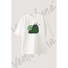Cute Snail Tasarım Baskılı Unisex Oversize Kalıp Beyaz Tshirt
