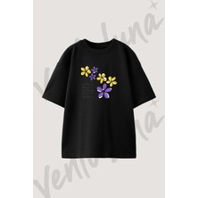 Cicek Alinti Tasarım Baskılı Unisex Oversize Kalıp Siyah Tshirt