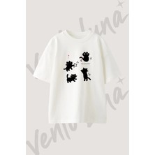Kedi Partisi Tasarım Baskılı Unisex Oversize Kalıp Beyaz Tshirt