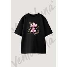 Floral Choose Kindness Tasarım Baskılı Unisex Oversize Kalıp Siyah Tshirt