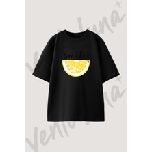 Lemon Smile Tasarım Baskılı Unisex Oversize Kalıp Siyah Tshirt