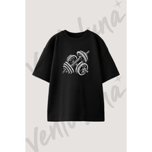 Dumbbells Tasarım Baskılı Unisex Oversize Kalıp Siyah Tshirt