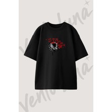 Grunge Sunflower Tasarım Baskılı Unisex Oversize Kalıp Siyah Tshirt
