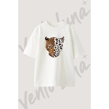 Leopar Desen Tasarım Baskılı Unisex Oversize Kalıp Beyaz Tshirt