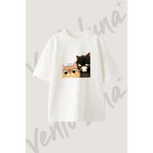 Pusheen Stormy Tasarım Baskılı Unisex Oversize Kalıp Beyaz Tshirt