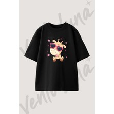Giraffe Heartglasses Tasarım Baskılı Unisex Oversize Kalıp Siyah Tshirt
