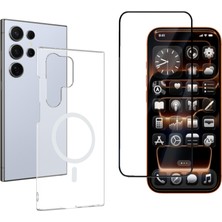 Tekno Grup Galaxy S22 Ultra Kılıf Mika Kamera Korumalı M-Safe Şarj Özellikli Şeffaf Sert Pc London Kapak + Tam Kaplayan Ekran Koruyucu