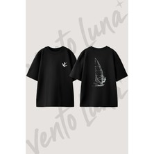 Windsurf Tasarım Sırt Baskılı Pamuk Siyah Oversize T-Shirt