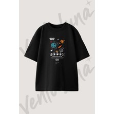 Space Ways Tasarım Baskılı Unisex Oversize Kalıp Siyah Tshirt