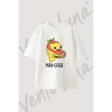 Mango Gogh Tasarım Baskılı Unisex Oversize Kalıp Beyaz Tshirt