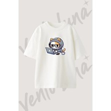 Cat Coder Tasarım Baskılı Unisex Oversize Kalıp Beyaz Tshirt