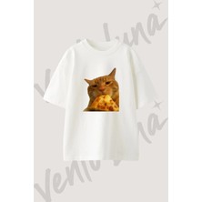 Cat Pizza Tasarım Baskılı Unisex Oversize Kalıp Beyaz Tshirt