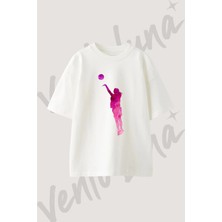 Basketbol Siluet Suluboya Tasarım Baskılı Unisex Oversize Kalıp Beyaz Tshirt