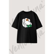 Lazy Duck Tasarım Baskılı Unisex Oversize Kalıp Siyah Tshirt