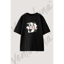 Cow Peace Sign Tasarım Baskılı Unisex Oversize Kalıp Siyah Tshirt