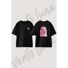 Maluz Lion Tasarım Sırt Baskılı Pamuk Siyah Oversize T-Shirt