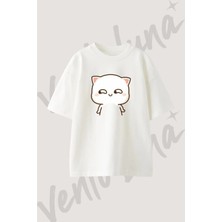 Mochi Cat Tasarım Baskılı Unisex Oversize Kalıp Beyaz Tshirt